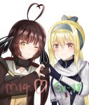  2girls bangs black_ribbon blonde_hair blue_gloves blush bow brown_hair brown_jacket character_name closed_mouth eyebrows_visible_through_hair girls_frontline gloves green_bow green_hairband hair_bow hair_ribbon hairband heart heart_print highres jacket long_hair looking_at_viewer m14_(girls&#039;_frontline) multiple_girls open_clothes open_jacket ponytail red_eyes ribbon russian_flag ryn_(rinorea) scarf smile sv-98_(girls&#039;_frontline) twintails upper_body white_background white_jacket white_scarf yellow_eyes 