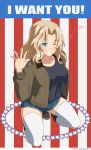  1girl ada_badguy american_flag black_shirt blonde_hair blue_eyes blue_shorts commentary_request cutoffs denim denim_shorts english_commentary english_text flag_background girls_und_panzer grin hair_intakes heart highres i_want_you jacket kay_(girls_und_panzer) kneeling long_hair looking_at_viewer mixed-language_commentary one_eye_closed open_clothes open_jacket saunders_military_uniform shirt short_shorts shorts smile solo star_(symbol) thigh-highs waving white_legwear 
