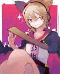  1girl bangs belt blue_cape blurry border bright_pupils brown_eyes cape closed_mouth collarbone depth_of_field earmuffs eyebrows_visible_through_hair flat_chest furukawa_yuichi gold_trim hair_between_eyes hands_up highres holding holding_stick knee_up light_blush light_brown_hair looking_to_the_side makeup outside_border pink_background pointy_hair ritual_baton shirt short_hair simple_background smile solo stick touhou toyosatomimi_no_miko white_border white_pupils white_shirt 