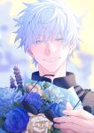  1boy bangs black_jacket blue_eyes blue_flower bouquet flower gojou_satoru grin hair_between_eyes hand_up highres jacket jujutsu_kaisen looking_at_viewer male_focus round_eyewear short_hair smile solo sunglasses tsuu_(tu-3) upper_body white_hair 