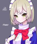  1girl blonde_hair blue_dress bow bowtie commentary_request dress eyebrows_visible_through_hair eyelashes eyes_visible_through_hair grey_background kumeri0804 maid maid_headdress mugetsu_(touhou) puffy_short_sleeves puffy_sleeves red_bow red_bowtie short_hair short_sleeves simple_background touhou touhou_(pc-98) upper_body yellow_eyes 