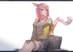  1girl animal_ears bangs bare_shoulders blush cat_ears cat_girl cat_tail closed_mouth commentary_request feet_out_of_frame final_fantasy final_fantasy_xiv highres jacket letterboxed miqo&#039;te off_shoulder open_clothes open_jacket pink_hair shorts sitting solo strap_slip tail tank_top tota_(sizukurubiks) violet_eyes white_background white_shorts white_tank_top yellow_jacket 