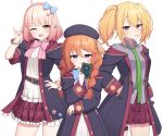  3girls ;d absurdres ahoge bangs banned_artist beret black_coat black_headwear blonde_hair blue_bow blue_eyes blush bow braid breasts brown_eyes brown_hair chieru_(princess_connect!) chloe_(princess_connect!) closed_mouth coat collared_shirt commentary_request cp00 dress eyebrows_visible_through_hair green_necktie grey_shirt hair_between_eyes hair_bow hair_ornament hair_over_shoulder hairband hand_in_pocket hand_on_hip hand_up hat highres holding hood hood_down hooded_coat long_hair long_sleeves looking_at_viewer mouth_hold multiple_girls necktie one_eye_closed open_clothes open_coat pink_bow pink_hair pink_hairband plaid plaid_skirt pleated_skirt pointy_ears princess_connect! red_skirt shirt skirt small_breasts smile star_(symbol) star_hair_ornament twin_braids twintails v violet_eyes white_dress white_shirt yuni_(princess_connect!) 