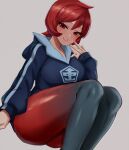  1girl arezu_(pokemon) bangs blush cowlick diamond_clan_outfit edboy gradient gradient_legwear grey_background highres jacket knees_up long_sleeves looking_at_viewer pantyhose pokemon pokemon_(game) pokemon_legends:_arceus red_eyes redhead short_hair simple_background sitting smile solo 