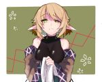  1girl bare_shoulders blonde_hair breasts green_background green_eyes highres looking_at_viewer medium_breasts medium_hair mizuhashi_parsee one-hour_drawing_challenge pointy_ears sakuratsuki solo touhou upper_body 