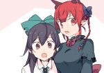  2girls :o akuma animal_ear_fluff animal_ears back_bow bangs black_hair black_legwear blue_bow blunt_bangs bow bowtie braid breasts brown_eyes cat_ears cat_tail center_frills clenched_hands dress extra_ears fang frills furrowed_brow green_bow green_dress hair_between_eyes hair_bow highres kaenbyou_rin long_hair long_sleeves looking_at_viewer multiple_girls open_mouth parted_lips pointy_ears red_bow red_bowtie red_eyes redhead reiuji_utsuho shirt simple_background small_breasts tail thigh-highs thighs touhou twin_braids twintails upper_body v-shaped_eyebrows white_background white_shirt wing_collar 
