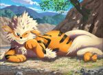  arcanine black_eyes bright_pupils closed_mouth clouds commentary_request day fangs fangs_out grass illustration_room_nagi lying mountain no_humans one_eye_closed outdoors pokemon pokemon_(creature) rock sky smile solo white_pupils 