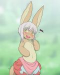  1other ambiguous_gender animal_ears animal_hands blurry blurry_background blush cowboy_shot depth_of_field furry green_eyes hand_up highres kionant looking_at_viewer made_in_abyss nanachi_(made_in_abyss) puffy_pants rabbit_ears signature solo standing wide-eyed 