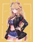  1girl absurdres animal_ears bandeau bangs black_choker black_jacket blonde_hair blue_bow blue_eyes bow breasts choker commentary_request cowboy_shot cropped_legs denim denim_shorts eyebrows_visible_through_hair gold_city_(umamusume) hair_bow hand_on_hip highres horse_ears jacket long_hair long_sleeves looking_at_viewer medium_breasts midriff navel nuruponnu open_clothes open_jacket short_shorts shorts simple_background smile solo standing stomach strapless tube_top umamusume yellow_background 