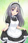 1girl absurdres ahoge alternative_girls apron black_dress clothes_lift dress dress_lift eyebrows_visible_through_hair green_background highres kira_sayuri long_hair looking_at_viewer maid maid_headdress official_art open_mouth silver_hair smile solo violet_eyes white_apron 