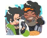  2boys ^_^ apex_legends b3_wingman black_eyes black_hair black_shirt blush chibi closed_eyes clouds crypto_(apex_legends) dark-skinned_male dark_skin green_vest grey_scarf gun handgun holding holding_gun holding_weapon husagin jacket jewelry lowres mirage_(apex_legends) multiple_boys necklace open_mouth revolver scarf shirt sky upper_body vest weapon white_jacket 