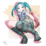  1girl ass backpack bag breasts feet from_below full_body gabriel_pavani green_eyes green_hair headphones highres knees_together_feet_apart legs monogatari_(series) no_pants ononoki_yotsugi signature simple_background striped striped_legwear thick_thighs thigh-highs thighs tsukimonogatari twintails 