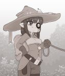  1girl :&lt; backpack bag bandeau bell belt breasts brown_theme candle closed_mouth gloves hat highres holding holding_leash kionant leash long_hair monochrome one_eye_covered original pants pointy_ears signature small_breasts solo 