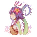  1girl bangs blush breasts brown_shirt flower from_side hair_flower hair_ornament highres league_of_legends medium_breasts multicolored_hair neeko_(league_of_legends) profile red_flower ruan_chen_yue shirt tail 
