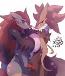  2girls absurdres animal_ear_fluff animal_ears black_hair blue_eyes blush breast_press breasts bright_pupils closed_mouth cowboy_shot dated delphox embarrassed eyeshadow fang fox_ears fox_tail furry furry_female hair_ornament highres holding_hands huge_breasts long_hair looking_at_viewer makeup multicolored_fur multicolored_hair multiple_girls navel pokemon red_eyes red_eyeshadow red_fur red_nose redhead shiongaze signature simple_background skin_fang slit_pupils smile symbol-only_commentary symmetrical_docking tail thick_thighs thighs tsurime very_long_hair wavy_mouth white_background white_fur white_pupils yellow_fur zoroark 
