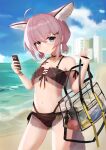  1girl ahoge animal_ear_fluff animal_ears arknights bag bangs bare_shoulders beach bikini black_bikini blue_eyes blue_sky blush brown_hair building cellphone closed_mouth clouds commentary_request day eyebrows_visible_through_hair fox_ears fox_girl fox_tail hair_between_eyes hair_ornament hairclip hands_up highres holding holding_phone izumi_roka ocean outdoors phone sand sky solo sussurro_(arknights) sussurro_(summer_flowers)_(arknights) swimsuit tail transparent water x_hair_ornament 