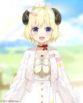  2016 ahoge animal_ears arms_at_sides bangs blonde_hair blurry blurry_background bow cardigan choker company_name copyright curled_horns dress eyebrows_visible_through_hair fuumi_(radial_engine) hair_ornament hairband hairclip hololive horns looking_at_viewer official_art open_cardigan open_clothes open_mouth ribbon_choker sailor_collar sheep_ears sheep_horns short_hair smile sweater tsunomaki_watame upper_body violet_eyes 