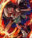  1girl arm_cannon bow brown_hair frilled_skirt frills full_body green_bow green_skirt hair_bow long_hair open_mouth puffy_short_sleeves puffy_sleeves red_eyes reiuji_utsuho rome35793562 short_sleeves skirt smile solo touhou weapon wings 