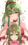  2girls bangle bracelet cape closed_mouth dual_persona fire_emblem fire_emblem:_mystery_of_the_emblem fire_emblem_awakening gloves green_eyes green_hair hair_between_eyes haru_(nakajou-28) head_tilt highres holding_hands jewelry light_smile long_hair looking_at_viewer multiple_girls pink_cape pink_gloves pointy_ears ponytail sidelocks simple_background tiara tiki_(fire_emblem) upper_body white_background 