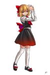  1girl a-xii arms_up ascot black_footwear black_skirt black_vest blonde_hair bow collared_shirt footwear_bow gradient_skirt hair_bow highres long_sleeves mary_janes own_hands_together red_bow red_eyes red_nails red_skirt rumia sharp_teeth shirt shoes short_hair simple_background skirt skirt_set smile solo teeth thigh-highs touhou vest white_background white_legwear white_shirt zettai_ryouiki 