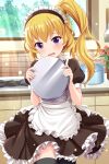  1girl absurdres alternative_girls apron blonde_hair brown_dress dress eyebrows_visible_through_hair highres holding holding_plate indoors kitchen long_hair looking_at_viewer maid maid_headdress mizushima_airi official_art open_mouth plate side_ponytail solo violet_eyes white_apron 