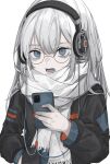  1girl absurdres bangs blue_eyes cellphone eyebrows_visible_through_hair glasses hair_between_eyes hand_in_pocket headphones highres hisha_(kan_moko) long_sleeves looking_at_viewer open_mouth original phone scarf simple_background smartphone solo white_background white_hair white_scarf 