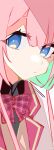  1girl absurdres blue_eyes bow bowtie close-up closed_mouth colored_inner_hair e_sky_rugo green-framed_eyewear highres jacket looking_at_viewer multicolored_hair nijisanji pink_bow pink_bowtie pink_hair solo suo_sango two-tone_hair white_background white_jacket 