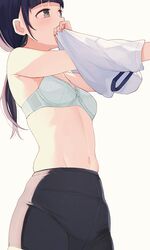  1girl bike_shorts black_hair blue_bra bra breasts dressing fingernails grey_eyes highres hiroki_(yyqw7151) holding holding_clothes holding_shirt long_hair looking_up navel original ponytail shirt simple_background small_breasts solo underwear white_background white_shirt 