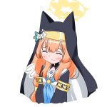  1girl animal_ears blue_archive blush cat_ears closed_eyes commentary_request flower habit hair_between_eyes hair_flower hair_ornament halo highres long_hair mari_(blue_archive) nun orange_hair simple_background smile solo white_background 