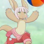  1other animal_ears animal_feet animal_hands ball barefoot beachball furry green_eyes hands_up highres horizontal_pupils kionant made_in_abyss nanachi_(made_in_abyss) pants pouch rabbit_ears red_pants signature solo tail topless whiskers 