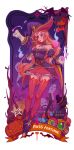  1girl absurdres animal bangs bare_shoulders bat black_cat black_dress candle cat character_name commentary_request detached_sleeves dress fire flame frilled_skirt frilled_sleeves frills ghost halloween hat highres league_of_legends long_hair miss_fortune_(league_of_legends) pink_skirt pumpkin purple_footwear red_legwear ruan_chen_yue shoes skirt strapless strapless_dress thigh-highs tree white_background witch_hat zettai_ryouiki 