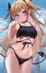  1girl absurdres bangs bare_shoulders bikini black_bikini blonde_hair blurry blurry_background blush cbi_cbi choker closed_mouth clouds collarbone contrapposto cowboy_shot demon_tail earrings frown highres jewelry long_hair looking_at_viewer navel original outdoors pointy_ears solo standing swimsuit tail two_side_up violet_eyes 