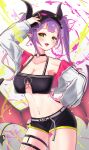  absurdres bat_wings cowboy_shot demon_girl demon_tail ear_piercing green_eyes highres hololive horns kaiju_ryoku navel_piercing piercing pointy_ears purple_hair short_shorts shorts solo tail tokoyami_towa tongue tongue_out twintails virtual_youtuber wings 