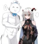  1girl abs aegir_(azur_lane) azur_lane black_cape black_skirt bodystocking breast_curtains breasts cape covered_navel cross cross_earrings demon_horns earrings hair_between_eyes hair_on_horn heart_hands_failure highres horns inui_kentarou jewelry long_hair looking_at_viewer medium_breasts meowfficer_(azur_lane) miniskirt multicolored_hair redhead simple_background skirt standing streaked_hair underbust v white_background white_hair yellow_eyes 