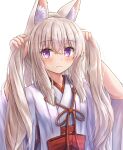  1girl absurdres animal_ear_fluff animal_ears bangs blush bow brown_hair bunching_hair closed_mouth commentary_request eyebrows_visible_through_hair fox_ears fox_girl hair_between_eyes hands_up highres iroha_(iroha_matsurika) japanese_clothes kimono koyoi_(iroha_(iroha_matsurika)) looking_at_viewer miko original red_bow simple_background solo sweat two_side_up upper_body violet_eyes white_background white_kimono 