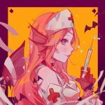  1girl alternate_costume bangs bare_shoulders bat blonde_hair blue_eyes blush border commentary_request fish_tail from_side gloves halloween hat highres holding holding_syringe league_of_legends long_hair nami_(league_of_legends) nurse_cap orange_background pink_border profile red_gloves ruan_chen_yue smile solo sparkle syringe tail upper_body 