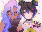  2girls black_hair blue_eyes blue_hair chain_necklace collar colored_tips dark-skinned_female dark_skin double_bun flower glasses hair_flower hair_ornament hairclip harpy heterochromia highres indie_virtual_youtuber jewelry lilith_(vtuber) maya_the_harpy monster_girl multicolored_hair multiple_girls necklace nima_(nimamann) pale_skin spiked_collar spikes violet_eyes virtual_youtuber wings yellow_eyes 