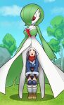  2girls akari_(pokemon) alpha_pokemon alternate_size awestruck black_hair breasts galaxy_expedition_team_survey_corps_uniform gardevoir grass green_hair hands_on_own_knees head_scarf highres loodncrood looking_at_another looking_up multiple_girls open_mouth pokemon pokemon_(game) pokemon_legends:_arceus pokemon_swsh red_scarf rock scarf tree 