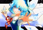  1girl blue_dress blue_eyes blue_hair blush bow cirno collared_shirt detached_wings dress eyebrows_visible_through_hair fairy frilled_shirt_collar frills green_bow hair_between_eyes hair_bow highres ice ice_wings long_sleeves open_mouth qqqrinkappp shirt short_hair smile solo touhou traditional_media upper_body white_shirt wings 