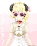  2016 ahoge animal_ears arms_at_sides blonde_hair choker closed_mouth company_name copyright curled_horns dress fuumi_(radial_engine) glasses hair_ornament hairclip hololive horns official_art ribbon_choker sailor_collar see-through_sleeves sheep_ears sheep_horns short_hair short_sleeves sidelocks tsunomaki_watame upper_body 