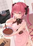  1girl apron bare_arms bowl breasts brown_ribbon candy chocolate chocolate_bar chocolate_making commentary_request cutting_board drill_hair eyebrows_visible_through_hair food food_on_face frilled_apron frills from_above hair_ribbon heterochromia highres holding holding_bowl hololive houshou_marine izu_(tea_value_lord) large_breasts licking licking_finger long_hair looking_at_viewer mixer_(cooking) neck_ribbon pink_apron pot red_eyes redhead ribbon sidelocks solo stove twin_drills twintails valentine virtual_youtuber wooden_floor yellow_eyes 
