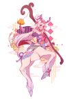  1girl absurdres animal_ears antlers bangs bow bowtie centaur flower from_side grey_hair hair_rings heart highres holding holding_staff horse_ears league_of_legends lillia_(league_of_legends) long_hair looking_at_viewer pink_bow pink_bowtie pink_flower red_eyes ruan_chen_yue smile solo spirit_blossom_lillia staff taur white_background 
