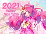  1girl 2021 :d alternate_costume animal_ears asymmetrical_bangs bangs blush commentary_request cure_grace cure_grace_(partner_form) detached_sleeves earrings english_text extra_ears eyebrows_visible_through_hair floating_hair hanadera_nodoka happy_new_year healin&#039;_good_precure highres japanese_clothes jewelry kimono kyoutsuugengo long_hair long_sleeves new_year pink_hair pink_kimono precure rabbit_ears red_eyes red_ribbon ribbon ribbon-trimmed_sleeves ribbon_trim shiny shiny_hair smile solo spring_(season) standing very_long_hair white_sleeves wide_sleeves yukata 