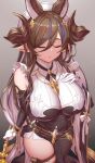  1girl animal_ears breasts brown_hair closed_eyes commentary_request extra_ears eyebrows_visible_through_hair facing_viewer galleon_(granblue_fantasy) gloves gradient gradient_background granblue_fantasy grey_background hair_ornament hand_on_own_chest highres holding large_breasts long_hair pointy_ears revision solo standing thigh_strap thighs white_gloves yasojima_nejiro 