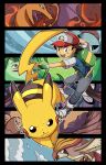  1boy ash_ketchum backpack bag baseball_cap black_hair blue_eyes commentary_request denim fingerless_gloves gloves hat highres jacket jeans male_focus open_mouth pants pikachu pokemon pokemon_(creature) shirt shoes short_hair smile sneakers t-shirt tory_(tory29) 