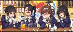  4girls absurdres alcohol ashigara_(kancolle) ashigara_kai_ni_(kancolle) beer beer_bottle beer_mug black_hair blush brown_eyes brown_hair buttons choko_(cup) closed_eyes cup drunk eyebrows_visible_through_hair gloves haguro_(kancolle) haguro_kai_ni_(kancolle) hair_between_eyes hair_ornament hairband highres jacket juliet_sleeves kantai_collection katsuobushi_(eba_games) letterboxed long_hair long_sleeves military military_uniform mug multiple_girls myoukou_(kancolle) myoukou_kai_ni_(kancolle) nachi_(kancolle) nachi_kai_ni_(kancolle) open_mouth puffy_sleeves purple_jacket short_hair side_ponytail smile tokkuri uniform white_gloves white_hairband 