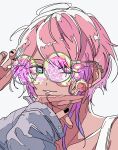  0tiyo 1boy adjusting_eyewear amemura_ramuda black_nails blue_eyes candy commentary food grey_jacket hand_up highres holding holding_candy holding_food hypnosis_mic jacket jewelry ligne_claire lollipop long_sleeves looking_at_viewer male_focus multicolored_hair pink-framed_eyewear pink_hair purple_hair ring short_hair simple_background solo streaked_hair sunglasses tank_top upper_body white_background white_tank_top 