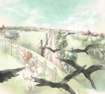  1girl angel_wings animal arm_up bad_id bad_pixiv_id barefoot bird black_bird blue_sky brown_hair building clouds cloudy_sky crow day dress facing_away feathered_wings fence floating_hair flying from_above from_behind grass haibane_renmei halo heel_up hill hipo house kneepits landscape legs_apart medium_dress muted_color nature open_hand outdoors picket_fence power_lines rakka_(haibane) red_sailor_collar road sailor_collar sailor_dress scenery short_hair short_sleeves sidelighting skirt_hold sky solo standing stream town tree utility_pole water waving_arm white_dress white_wings wide_shot wind wind_turbine wings wooden_fence 