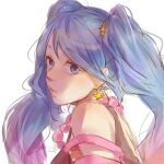  1girl arcade_sona bangs bare_shoulders bead_necklace beads blue_eyes blue_hair earrings eyebrows_visible_through_hair from_side hair_ornament highres jewelry league_of_legends long_hair looking_at_viewer necklace portrait ruan_chen_yue sketch smile solo sona_(league_of_legends) star_(symbol) star_earrings star_hair_ornament twintails 