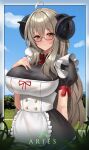  1girl absurdres ahoge apron aries arm_behind_back bangs black_dress blue_sky blush bow bowtie breasts brown_eyes closed_mouth clouds corset dress eyebrows_visible_through_hair frills glasses grass grey_hair hand_on_own_chest highres horns large_breasts long_hair looking_at_viewer maid onedoo original puffy_short_sleeves puffy_sleeves raised_eyebrows red_bow red_bowtie red_ribbon ribbon sheep_girl sheep_horns short_sleeves sky solo white_apron 